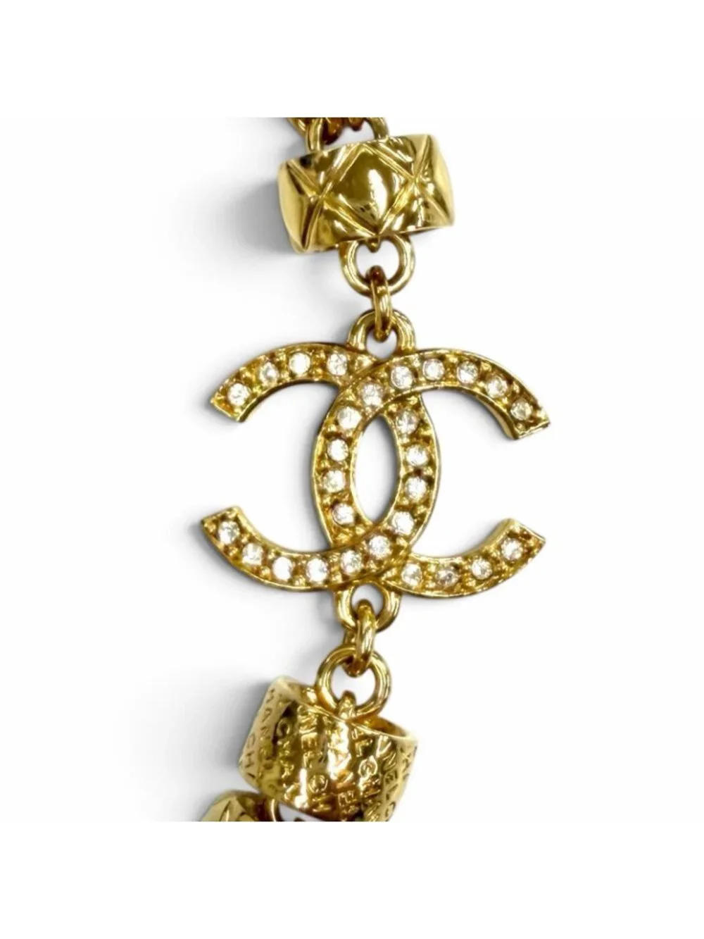 Chanel CC Logo Eco Pearl Stone Crush Chain Necklace Gold Pink White